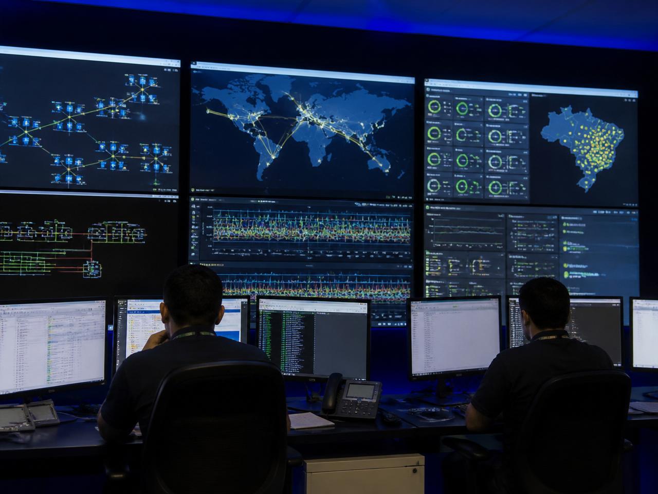 Time NOC MHNet trabalhando em centro de operações de rede